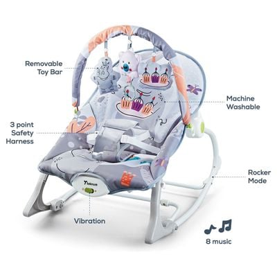 TEKNUM 3 In 1 Rocker / Baby Seat / Recliner with Soothing Music - Party Grey 