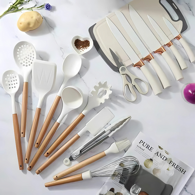 19 Pieces Kitchen Knife & Utensils Set Beige