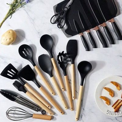 19 Pieces Kitchen Knife & Utensils Set Black