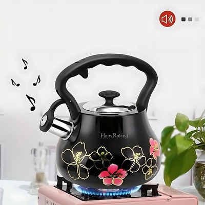 Floral Whistling Tea Kettle in Black, 3 Liters