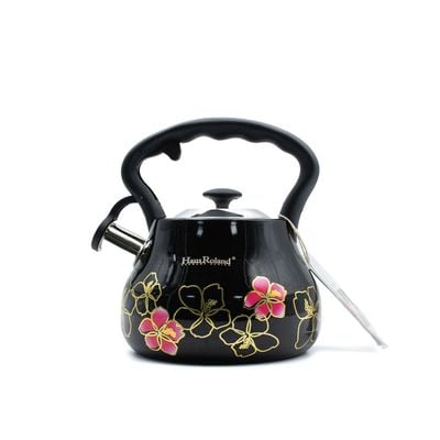 Floral Whistling Tea Kettle in Black, 3 Liters