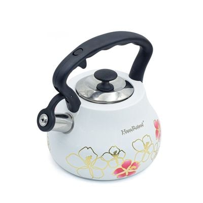 Floral Whistling Tea Kettle in White, 3 Liters