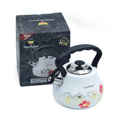 Floral Whistling Tea Kettle in White, 3 Liters