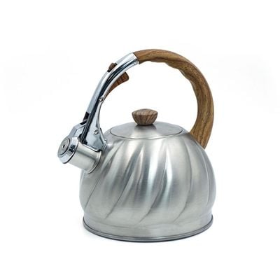 Whistling kettle wooden handle silver stripes- 2 Liters