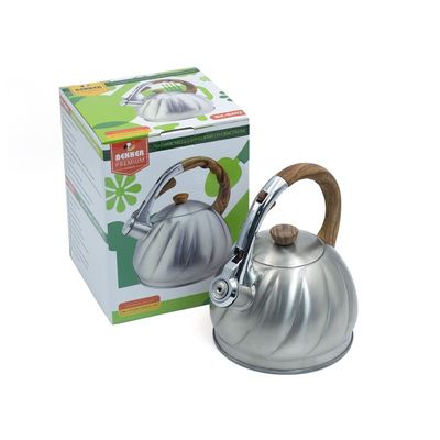 Whistling kettle wooden handle silver stripes- 2 Liters