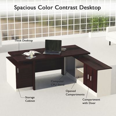 Mahmayi Samtida 193 Modern Executive Workstation Desk with Cabinet Computer and Laptop Desk Wooden Finish Ideal for Home and Office - Dark Walnut