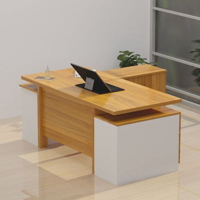 Mahmayi Samtida 193 Modern Executive Workstation Desk with Cabinet Computer and Laptop Desk Wooden Finish Ideal for Home and Office - Light Walnut