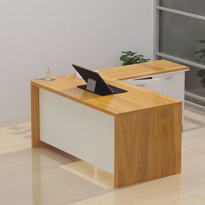 Mahmayi Zelda M225 L-Shape Modern Executive Workstation Desk with Cabinet Easy to Clean Computer and Laptop Ideal for Home and Office - Light Walnut