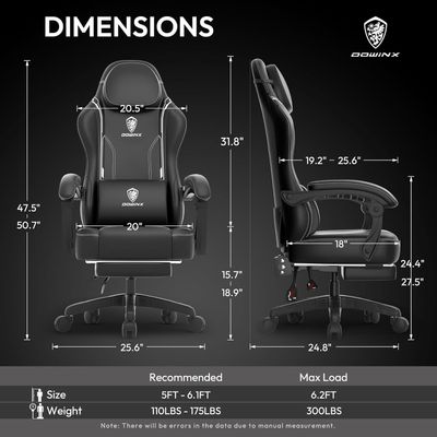 Mahmayi Ergonomic Adjustable Gaming Chair with High Back Leather Ideal for Home and Office Use, Head Support, Backrest Tilt, Footrest, and Massage Lumbar Support for Ultimate Comfort - Black