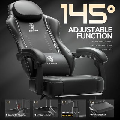 Mahmayi Ergonomic Adjustable Gaming Chair with High Back Leather Ideal for Home and Office Use, Head Support, Backrest Tilt, Footrest, and Massage Lumbar Support for Ultimate Comfort - Black