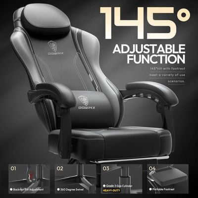 Mahmayi Ergonomic Adjustable Gaming Chair with High Back Leather Ideal for Home and Office Use, Head Support, Backrest Tilt, Footrest, and Massage Lumbar Support for Ultimate Comfort - Grey