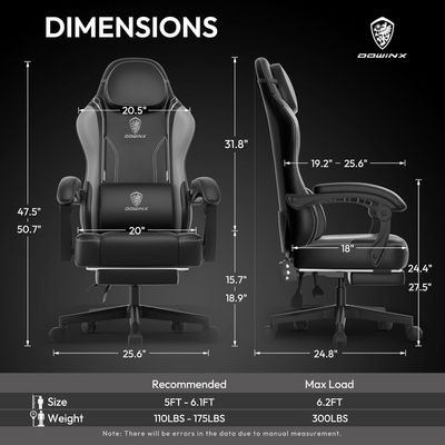 Mahmayi Ergonomic Adjustable Gaming Chair with High Back Leather Ideal for Home and Office Use, Head Support, Backrest Tilt, Footrest, and Massage Lumbar Support for Ultimate Comfort - Grey