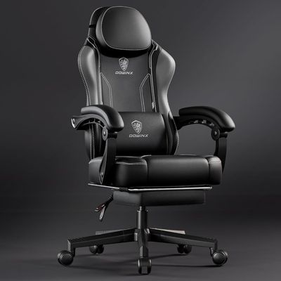 Mahmayi Ergonomic Adjustable Gaming Chair with High Back Leather Ideal for Home and Office Use, Head Support, Backrest Tilt, Footrest, and Massage Lumbar Support for Ultimate Comfort - Grey