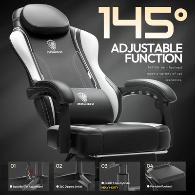 Mahmayi Ergonomic Adjustable Gaming Chair with High Back Leather Ideal for Home and Office Use, Head Support, Backrest Tilt, Footrest, and Massage Lumbar Support for Ultimate Comfort - White