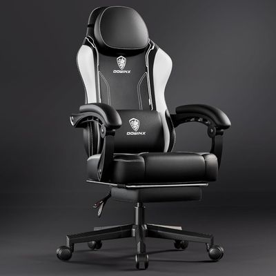 Mahmayi Ergonomic Adjustable Gaming Chair with High Back Leather Ideal for Home and Office Use, Head Support, Backrest Tilt, Footrest, and Massage Lumbar Support for Ultimate Comfort - White