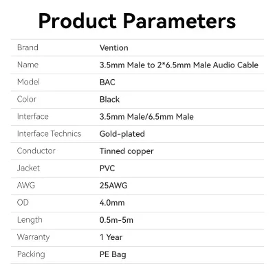 VENTION 3.5mm Male to 2*6.5mm Male Audio Cable 1M BlackModel # BACBF