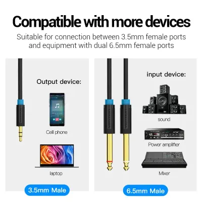 VENTION 3.5mm Male to 2*6.5mm Male Audio Cable 1M BlackModel # BACBF