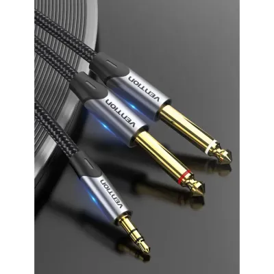 VENTION Cotton Braided 3.5mm Male to 2*6.5mm Male Audio Cable 0.5M Gray Aluminum Alloy TypeModel # BARHD