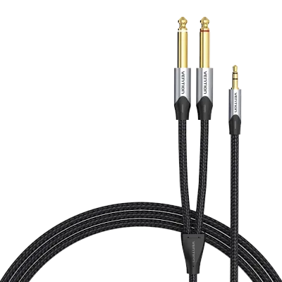 VENTION Cotton Braided 3.5mm Male to 2*6.5mm Male Audio Cable 0.5M Gray Aluminum Alloy TypeModel # BARHD