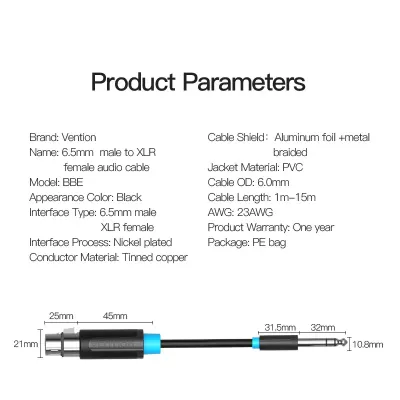 VENTION 6.5mm Male to XLR Female Audio Cable 1M BlackModel # BBEBF