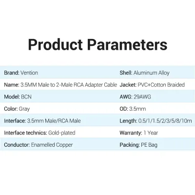 VENTION 3.5MM Male to 2-Male RCA Adapter Cable 0.5M Gray Aluminum Alloy TypeModel # BCNBD