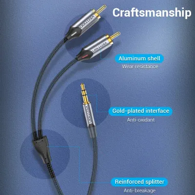 VENTION 3.5MM Male to 2-Male RCA Adapter Cable 0.5M Gray Aluminum Alloy TypeModel # BCNBD