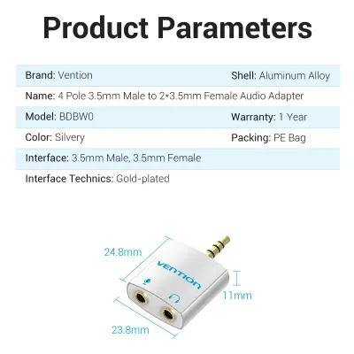 VENTION 4 Pole 3.5mm Male to 2*3.5mm Female Audio Splitter with Separated Audio and Microphone Port SliveryModel # BDBW0