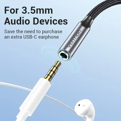 VENTION USB-C Male to 3.5MM Earphone Jack With DAC Adapter 0.1M Gray Aluminum Alloy TypeModel # BGMHA