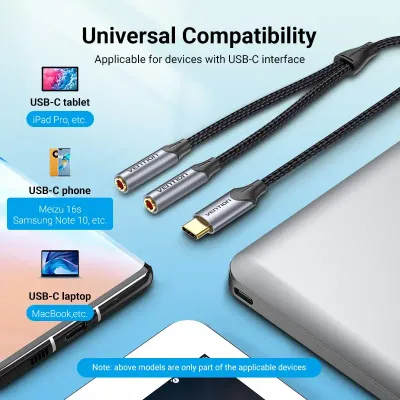 VENTION USB-C Male to Dual 3.5MM Jack Earphone Adapter 0.3M Gray Aluminum Alloy TypeModel # BGNHY