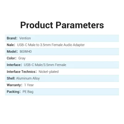 VENTION USB-C to 3.5mm Audio AdapterModel # BGWH0