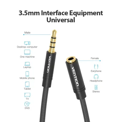 VENTION Cotton Braided 3.5mm Audio Extension Cable 0.5M Black Metal TypeModel # BHBBD