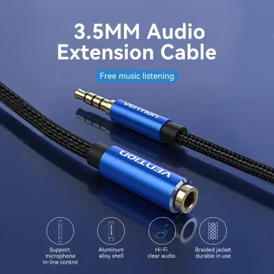 VENTION Cotton Braided TRRS 3.5mm Male to 3.5mm Female Audio Extension Cable 0.5M Blue Aluminum Alloy TypeModel # BHCLD