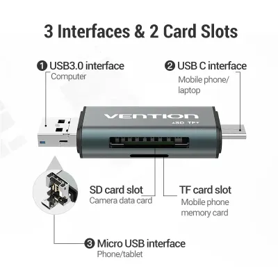 VENTION USB3.0 Multi-function Card Reader Gray Metal TypeModel # CCHH0