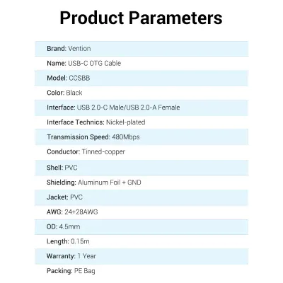 VENTION USB 2.0 C Male to A Female OTG cable 0.15M Black PVC TypeModel # CCSBB