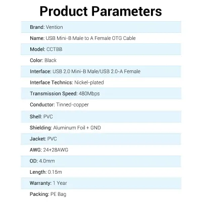 VENTION USB 2.0 Mini-B Male to A Female OTG Cable 0.15M Black PVC TypeModel # CCTBB