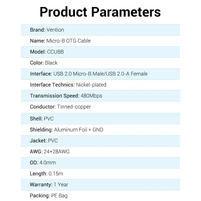 VENTION USB 2.0 Mirco-B Male to A Female OTG Cable 0.15M Black PVC TypeModel # CCUBB