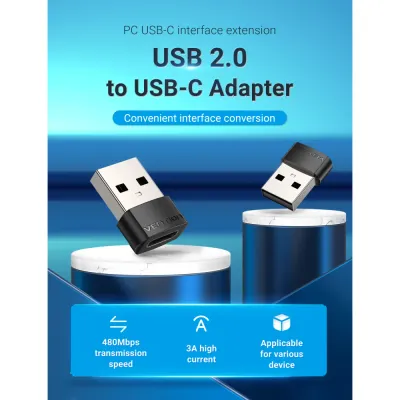 VENTION USB 2.0 Male to USB-C Female Adapter Black PVC TypeModel # CDWB0