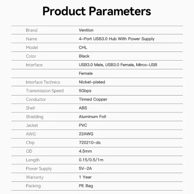 VENTION 4-Port USB 3.0 Hub With Power Supply 1M BlackModel # CHLBF