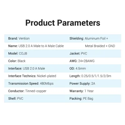 VENTION USB 2.0 A Male to A Male  Cable 0.25M Black PVC TypeModel # COJBC