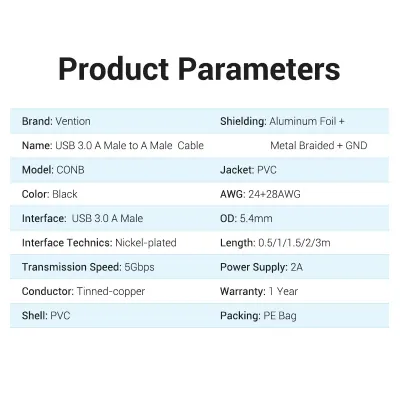 VENTION USB 3.0 A Male to A Male  Cable 1M Black PVC TypeModel # CONBF