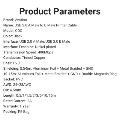 VENTION USB 2.0 A Male to B Male Cable with Ferrite Cores 10M Black PVC TypeModel # COQBL