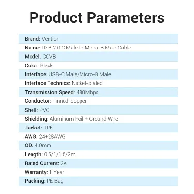 VENTION USB 2.0 C Male to Micro-B Male 2A Cable 2M BlackModel # COVBH