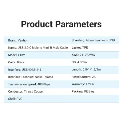 VENTION USB 2.0 C Male to Mini-B Male 2A Cable 2M BlackModel # COWBH