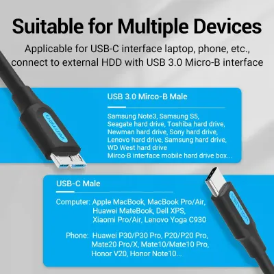 VENTION USB 3.0 C Male to Micro-B Male 2A Cable 1M BlackModel # CQABF