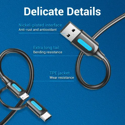 VENTION USB 2.0 A Male to 2-in-1 Micro-B&USB-C Male Cable 0.25M Black PVC TypeModel # CQDBC