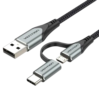 VENTION USB 2.0 A Male to 2-in-1 Micro-B&USB-C Male Cable 0.5M Gray Aluminum Alloy TypeModel # CQEHD