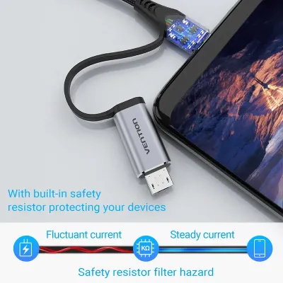 VENTION USB 2.0 A Male to 2-in-1 USB-C&Micro-B Male 5A Cable 0.5M Gray Aluminum Alloy TypeModel # CQFHD