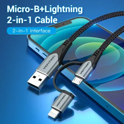 VENTION USB 2.0 A Male to 2-in-1 Micro-B&Lightning Male Cable 0.5M Gray Aluminum Alloy TypeModel # CQHHD