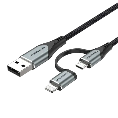 VENTION USB 2.0 A Male to 2-in-1 Micro-B&Lightning Male Cable 0.5M Gray Aluminum Alloy TypeModel # CQHHD