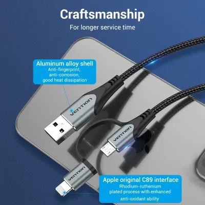 VENTION USB 2.0 A Male to 2-in-1 Micro-B&Lightning Male Cable 0.5M Gray Aluminum Alloy TypeModel # CQHHD